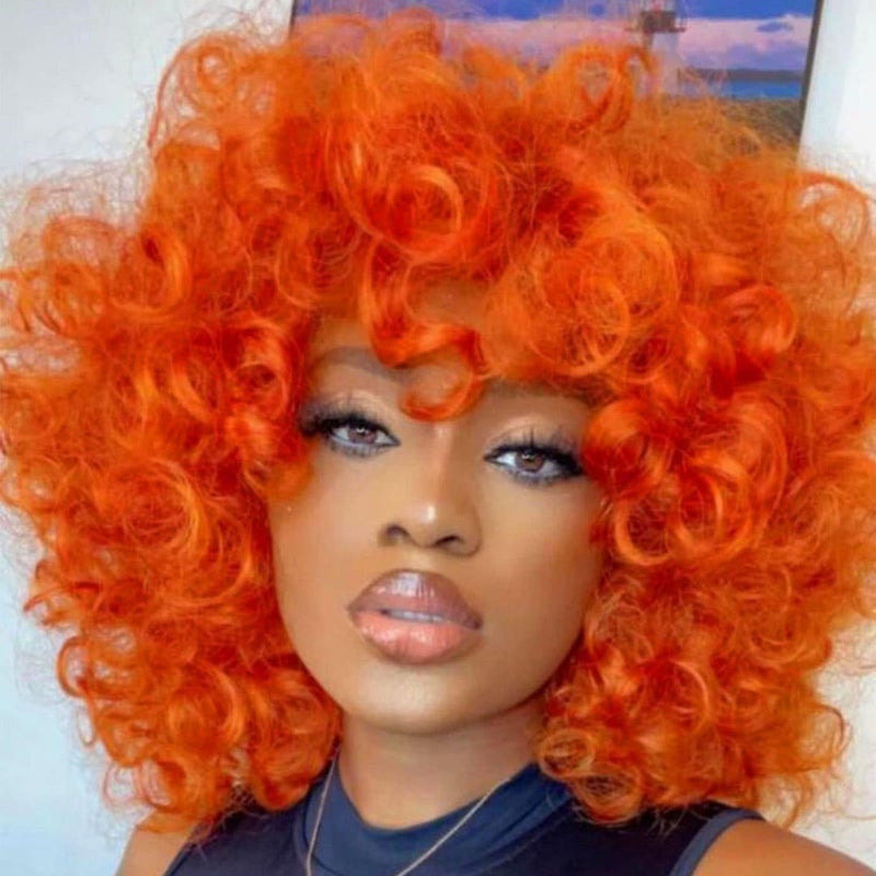 PHOENIXFLY Orange Curly Wigs for Black Women Short Curly Wigs for Women Curly Synthetic Hair Heat Resistant Hair Replacement with Wig Caps (Orange) - Image 1